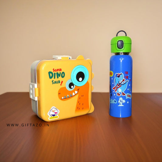 Dino Yellow Lunch Box + Dino Stainless Steel 650ml Sipper Bottle Combo