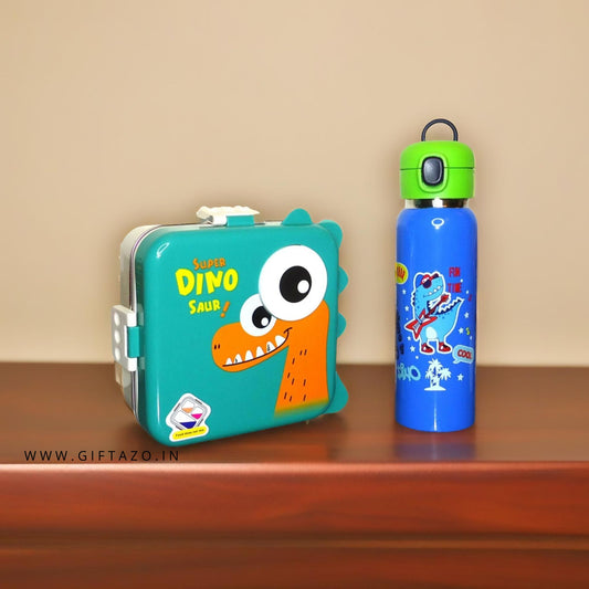 Dino Green Lunch Box + Dino Stainless Steel 650ml Sipper Bottle Combo